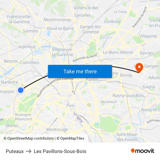 Puteaux to Les Pavillons-Sous-Bois map