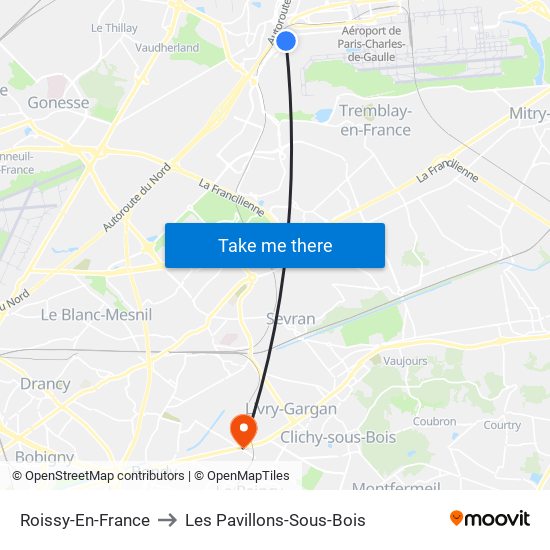 Roissy-En-France to Les Pavillons-Sous-Bois map