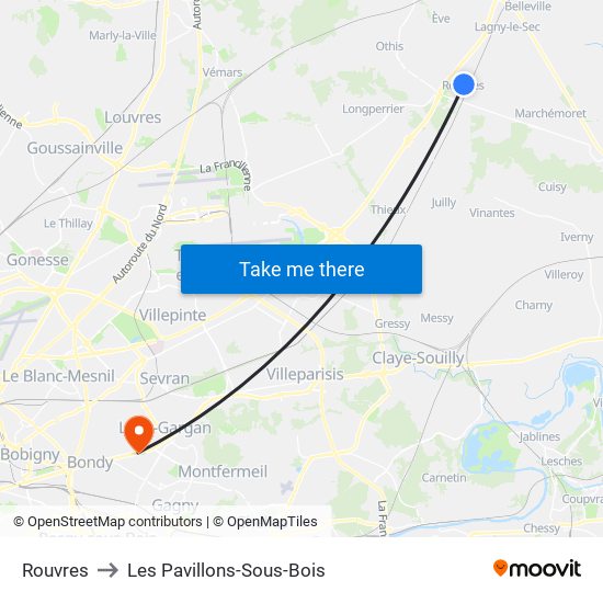 Rouvres to Les Pavillons-Sous-Bois map