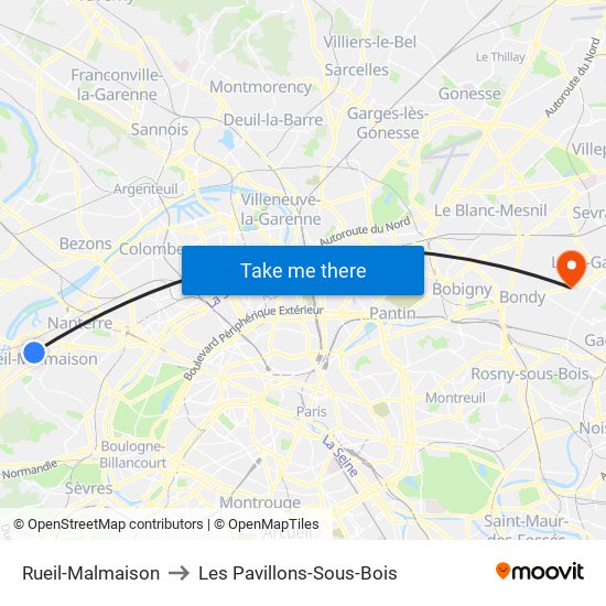 Rueil-Malmaison to Les Pavillons-Sous-Bois map
