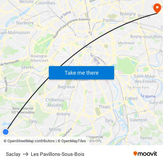 Saclay to Les Pavillons-Sous-Bois map