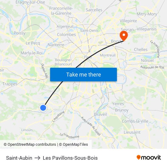 Saint-Aubin to Les Pavillons-Sous-Bois map