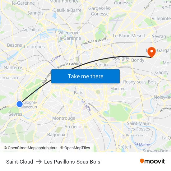 Saint-Cloud to Les Pavillons-Sous-Bois map