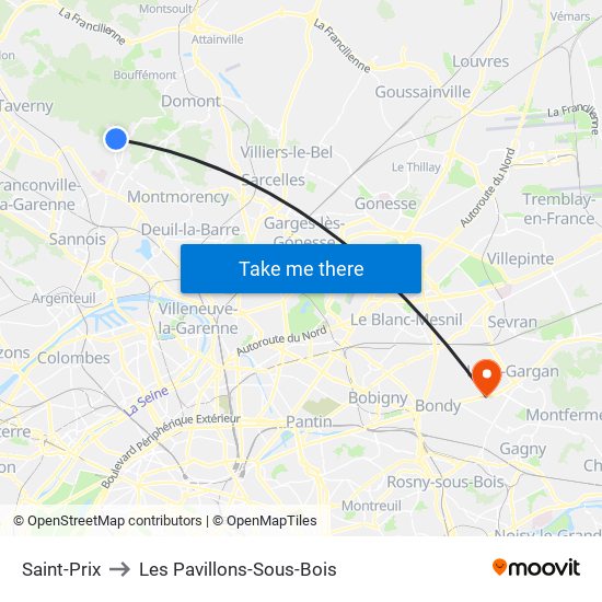 Saint-Prix to Les Pavillons-Sous-Bois map