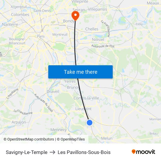 Savigny-Le-Temple to Les Pavillons-Sous-Bois map