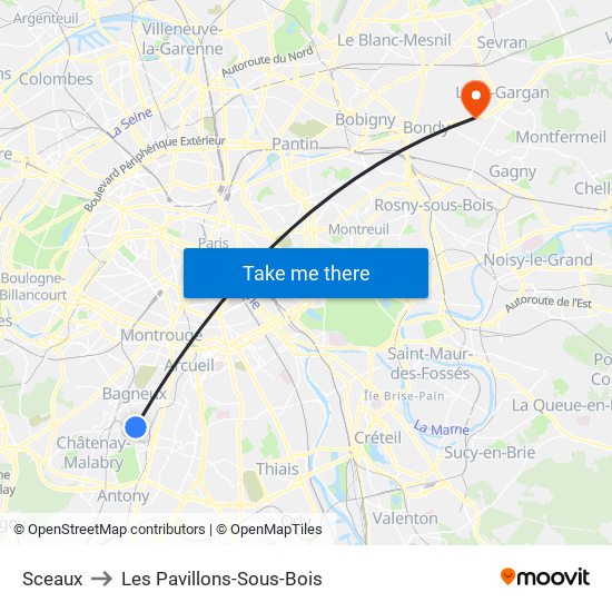 Sceaux to Les Pavillons-Sous-Bois map