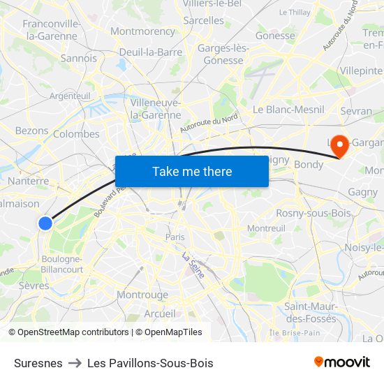 Suresnes to Les Pavillons-Sous-Bois map