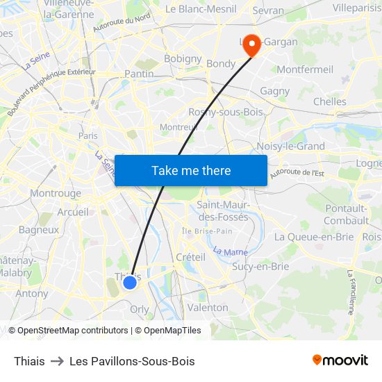 Thiais to Les Pavillons-Sous-Bois map
