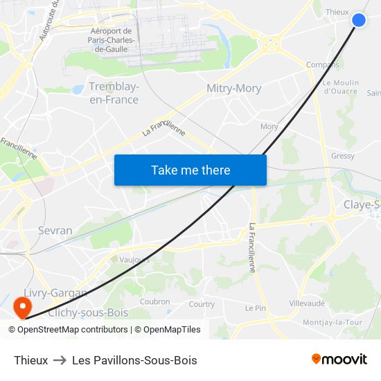 Thieux to Les Pavillons-Sous-Bois map