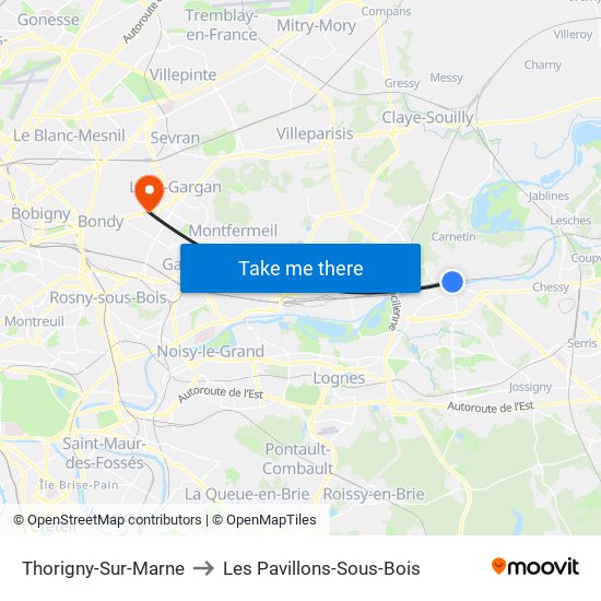 Thorigny-Sur-Marne to Les Pavillons-Sous-Bois map