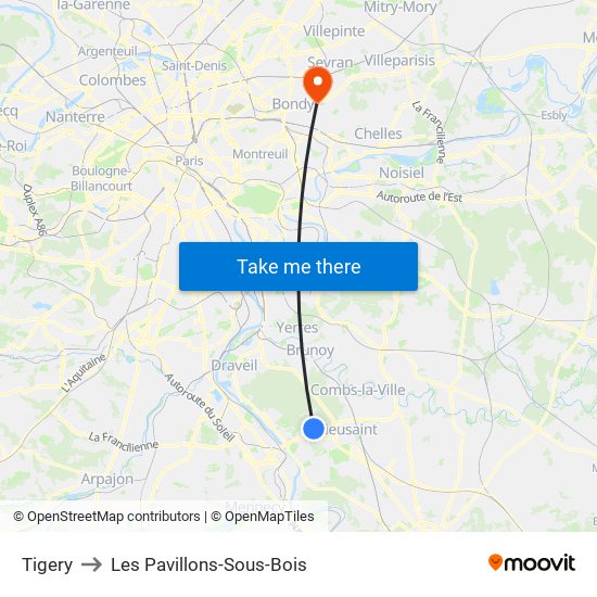 Tigery to Les Pavillons-Sous-Bois map