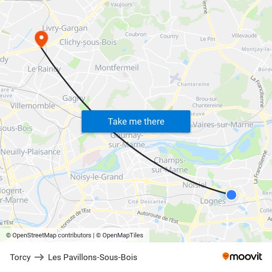 Torcy to Les Pavillons-Sous-Bois map
