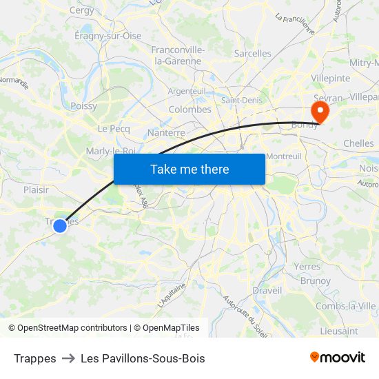 Trappes to Les Pavillons-Sous-Bois map