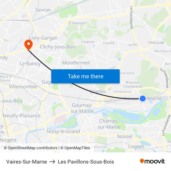 Vaires-Sur-Marne to Les Pavillons-Sous-Bois map