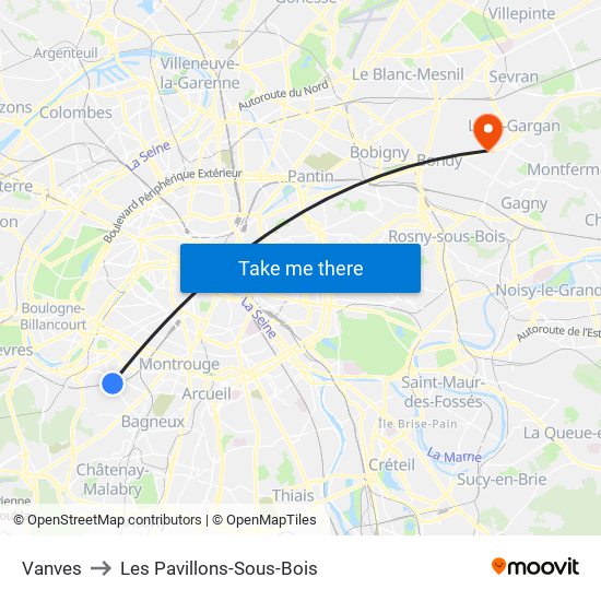 Vanves to Les Pavillons-Sous-Bois map