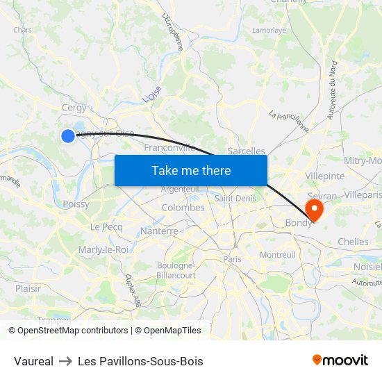 Vaureal to Les Pavillons-Sous-Bois map