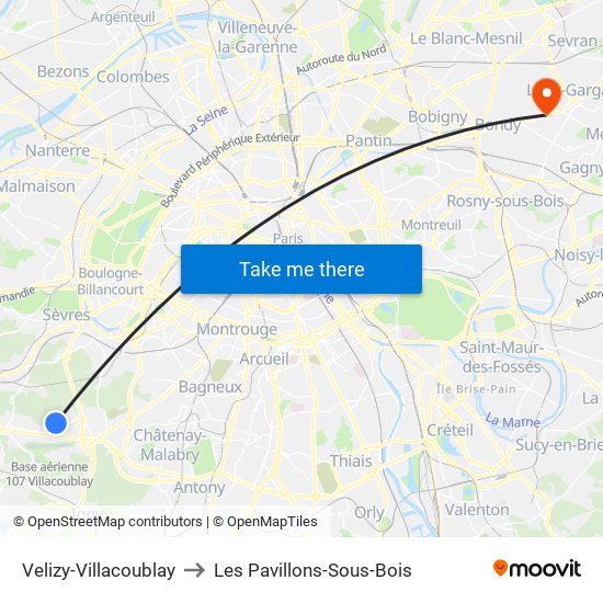 Velizy-Villacoublay to Les Pavillons-Sous-Bois map