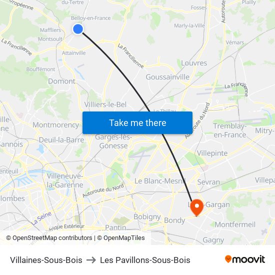 Villaines-Sous-Bois to Les Pavillons-Sous-Bois map