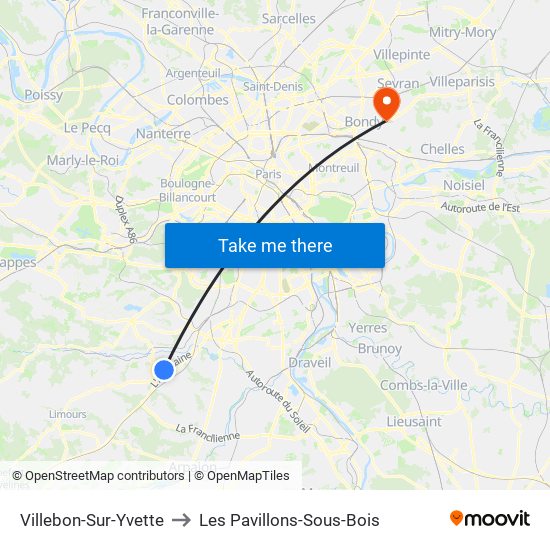Villebon-Sur-Yvette to Les Pavillons-Sous-Bois map