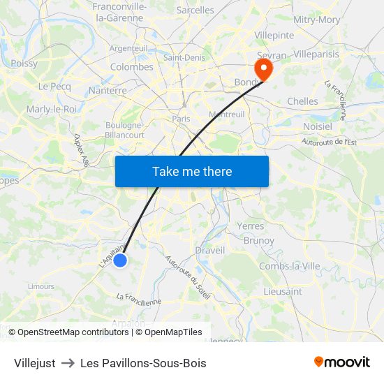 Villejust to Les Pavillons-Sous-Bois map