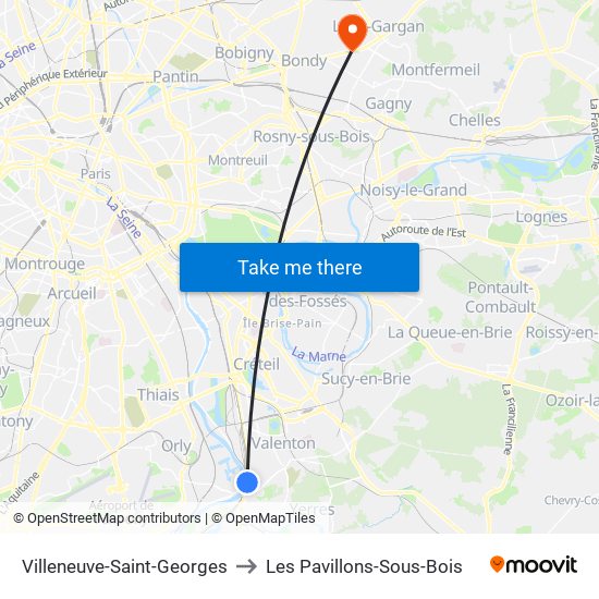 Villeneuve-Saint-Georges to Les Pavillons-Sous-Bois map
