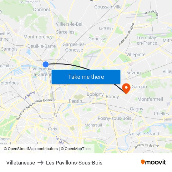 Villetaneuse to Les Pavillons-Sous-Bois map