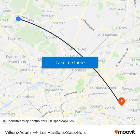 Villiers-Adam to Les Pavillons-Sous-Bois map