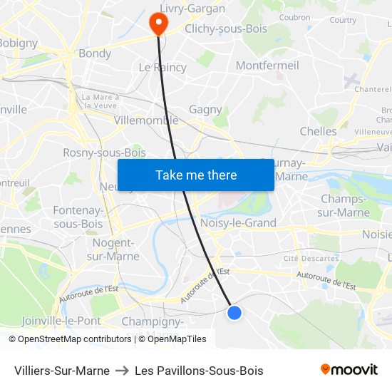 Villiers-Sur-Marne to Les Pavillons-Sous-Bois map