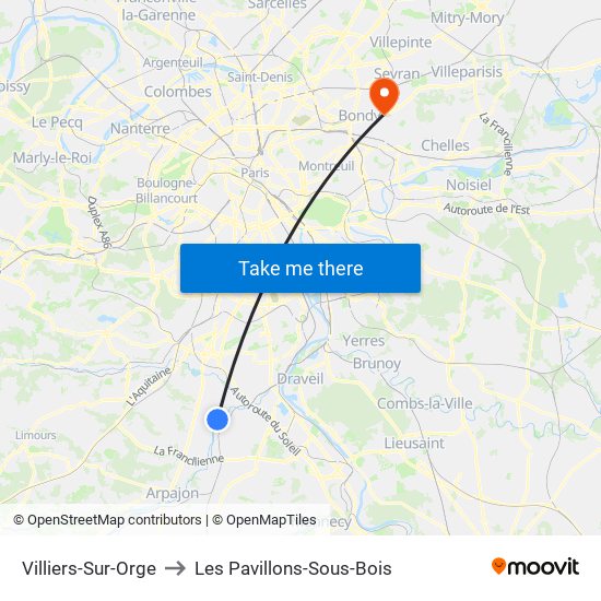 Villiers-Sur-Orge to Les Pavillons-Sous-Bois map