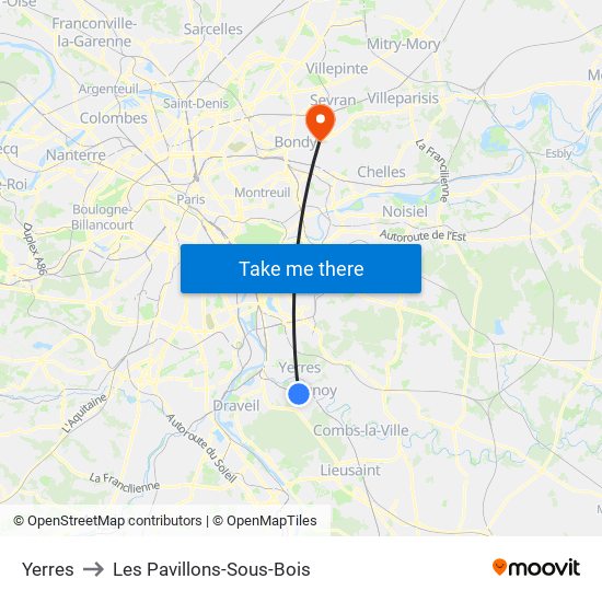 Yerres to Les Pavillons-Sous-Bois map
