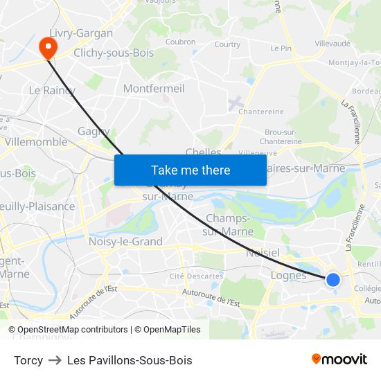 Torcy to Les Pavillons-Sous-Bois map