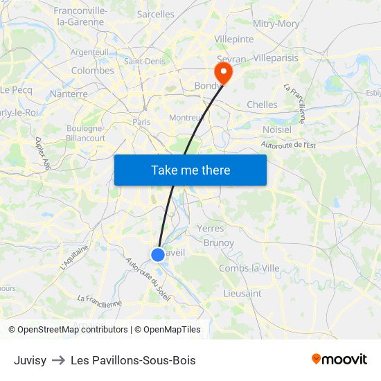 Juvisy to Les Pavillons-Sous-Bois map