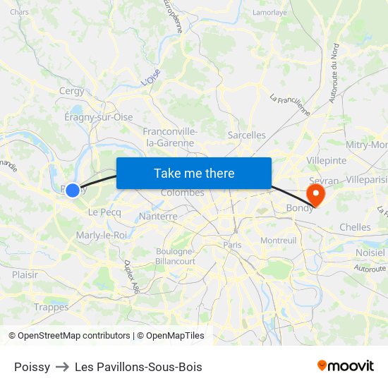Poissy to Les Pavillons-Sous-Bois map