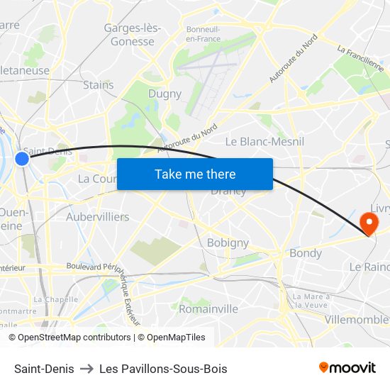 Saint-Denis to Les Pavillons-Sous-Bois map
