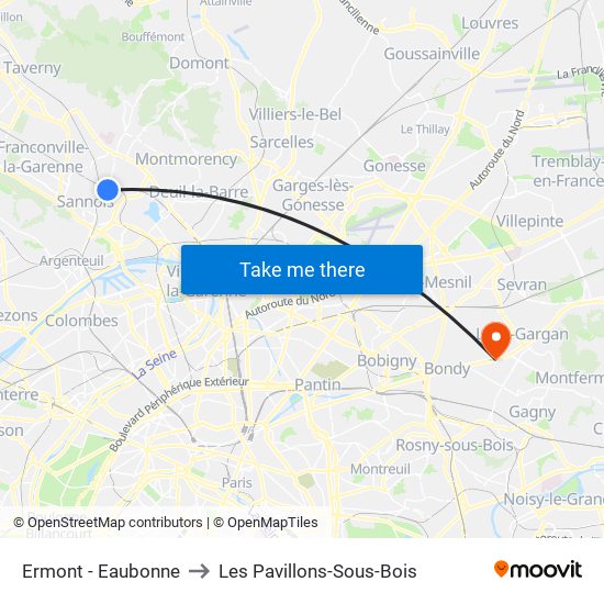 Ermont - Eaubonne to Les Pavillons-Sous-Bois map