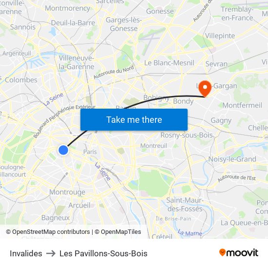 Invalides to Les Pavillons-Sous-Bois map