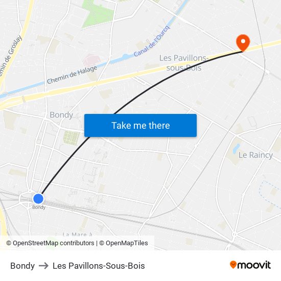 Bondy to Les Pavillons-Sous-Bois map