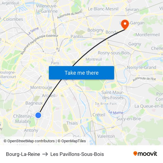 Bourg-La-Reine to Les Pavillons-Sous-Bois map