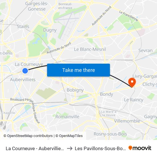 La Courneuve - Aubervilliers to Les Pavillons-Sous-Bois map
