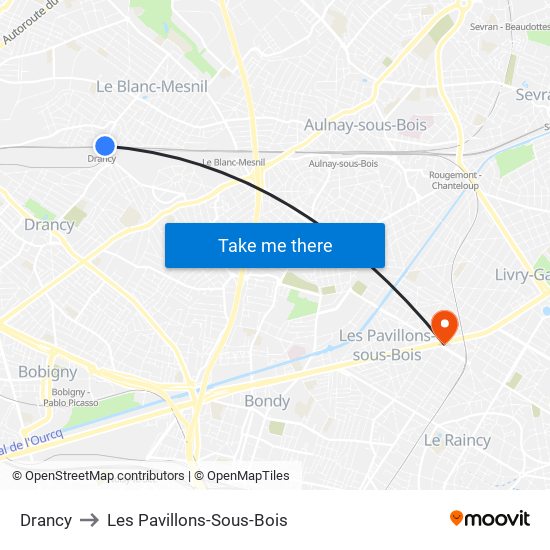 Drancy to Les Pavillons-Sous-Bois map