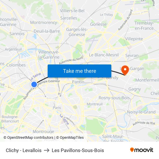 Clichy - Levallois to Les Pavillons-Sous-Bois map