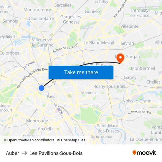 Auber to Les Pavillons-Sous-Bois map