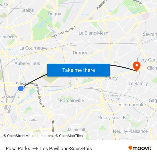 Rosa Parks to Les Pavillons-Sous-Bois map