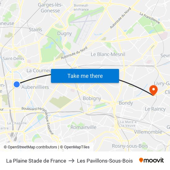 La Plaine Stade de France to Les Pavillons-Sous-Bois map