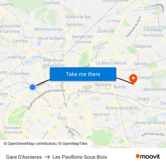 Gare D'Asnieres to Les Pavillons-Sous-Bois map