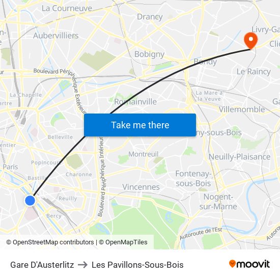 Gare D'Austerlitz to Les Pavillons-Sous-Bois map