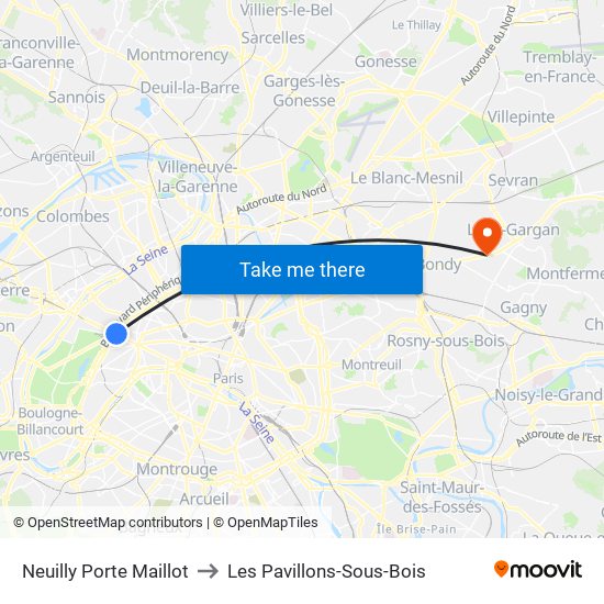 Neuilly Porte Maillot to Les Pavillons-Sous-Bois map