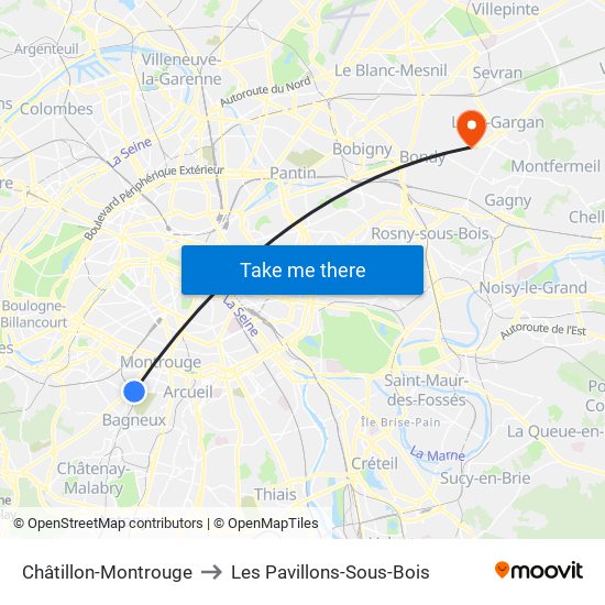 Châtillon-Montrouge to Les Pavillons-Sous-Bois map