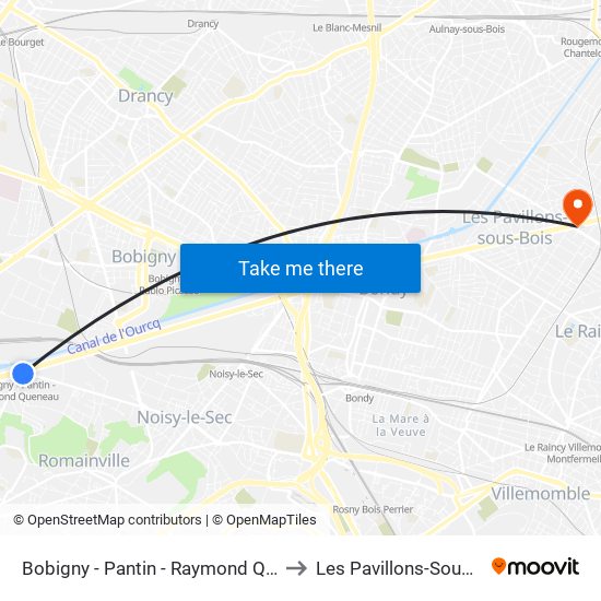 Bobigny - Pantin - Raymond Queneau to Les Pavillons-Sous-Bois map