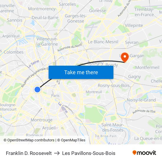 Franklin D. Roosevelt to Les Pavillons-Sous-Bois map